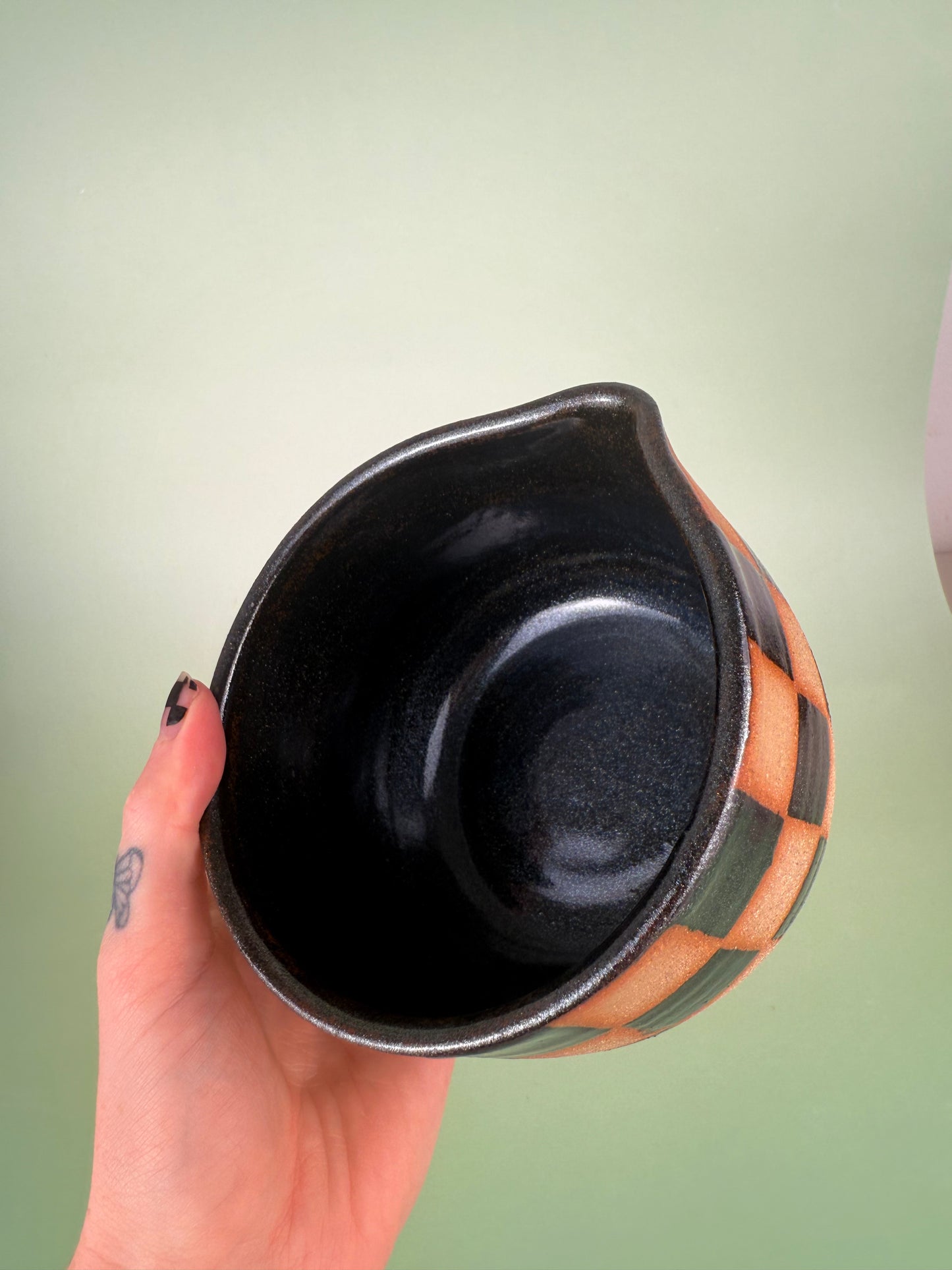 Black sparkly checkered matcha bowl #1