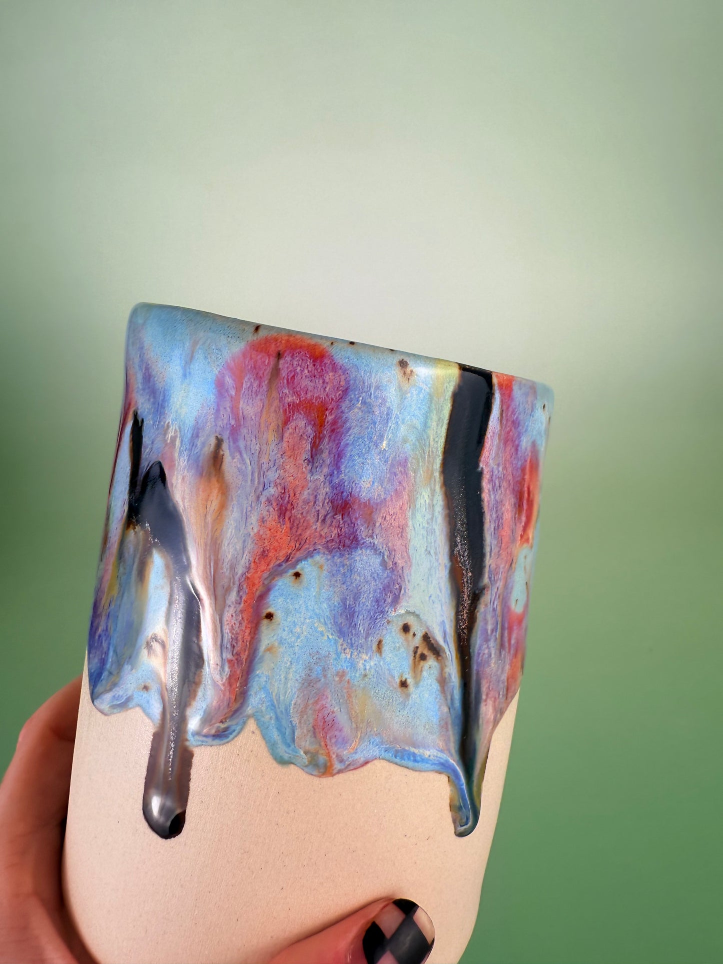 Drippy travel cup #6 - black sparkly glaze