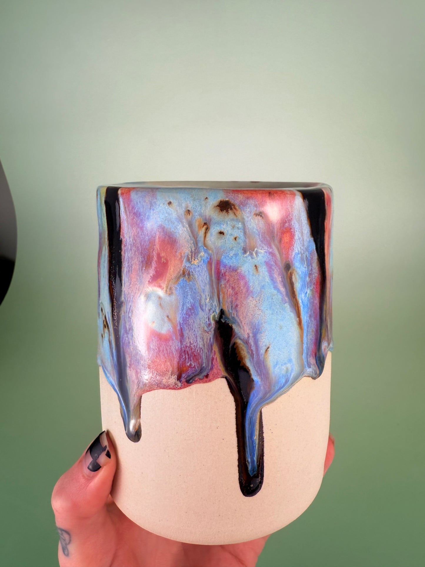 Drippy travel cup #6 - black sparkly glaze